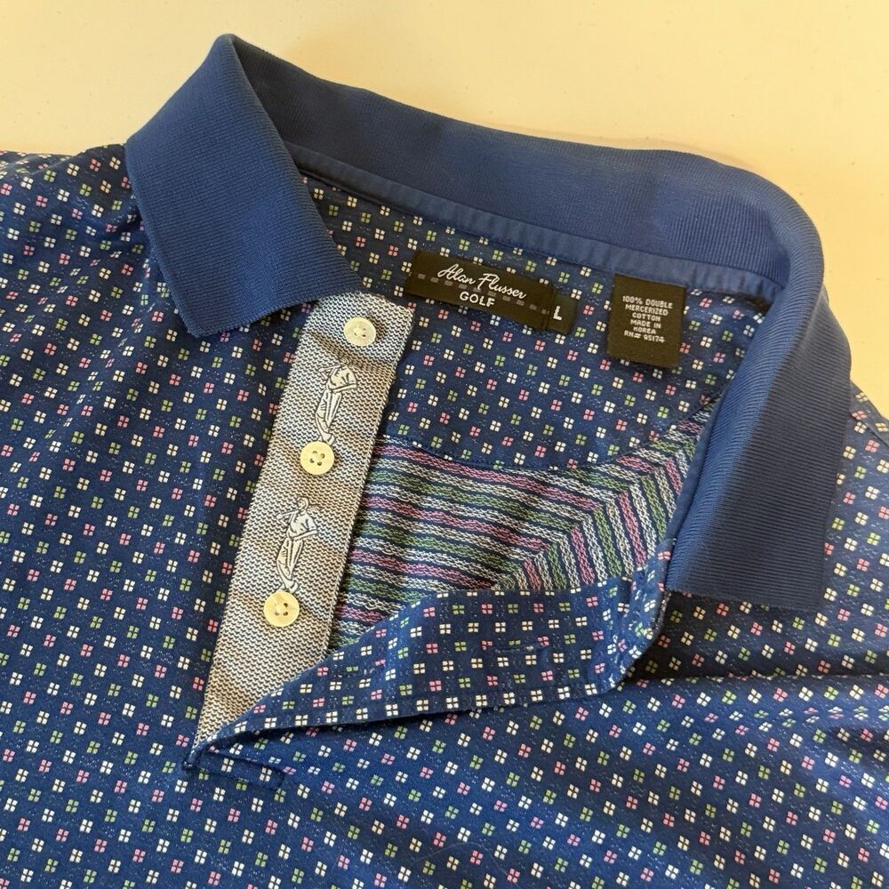 Alan Flusser Polo Shirt Mens Large Mercerized Cotton Golf Casual Royal Blue Box